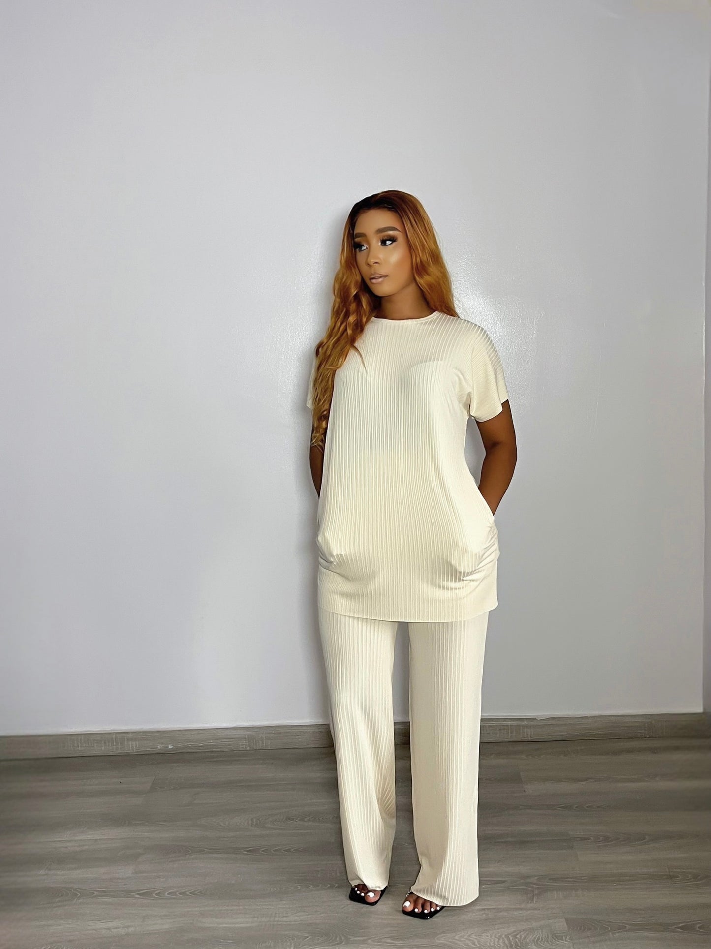 CURBAN Pantalon Palazzo à manches capes (ensemble) | Crème