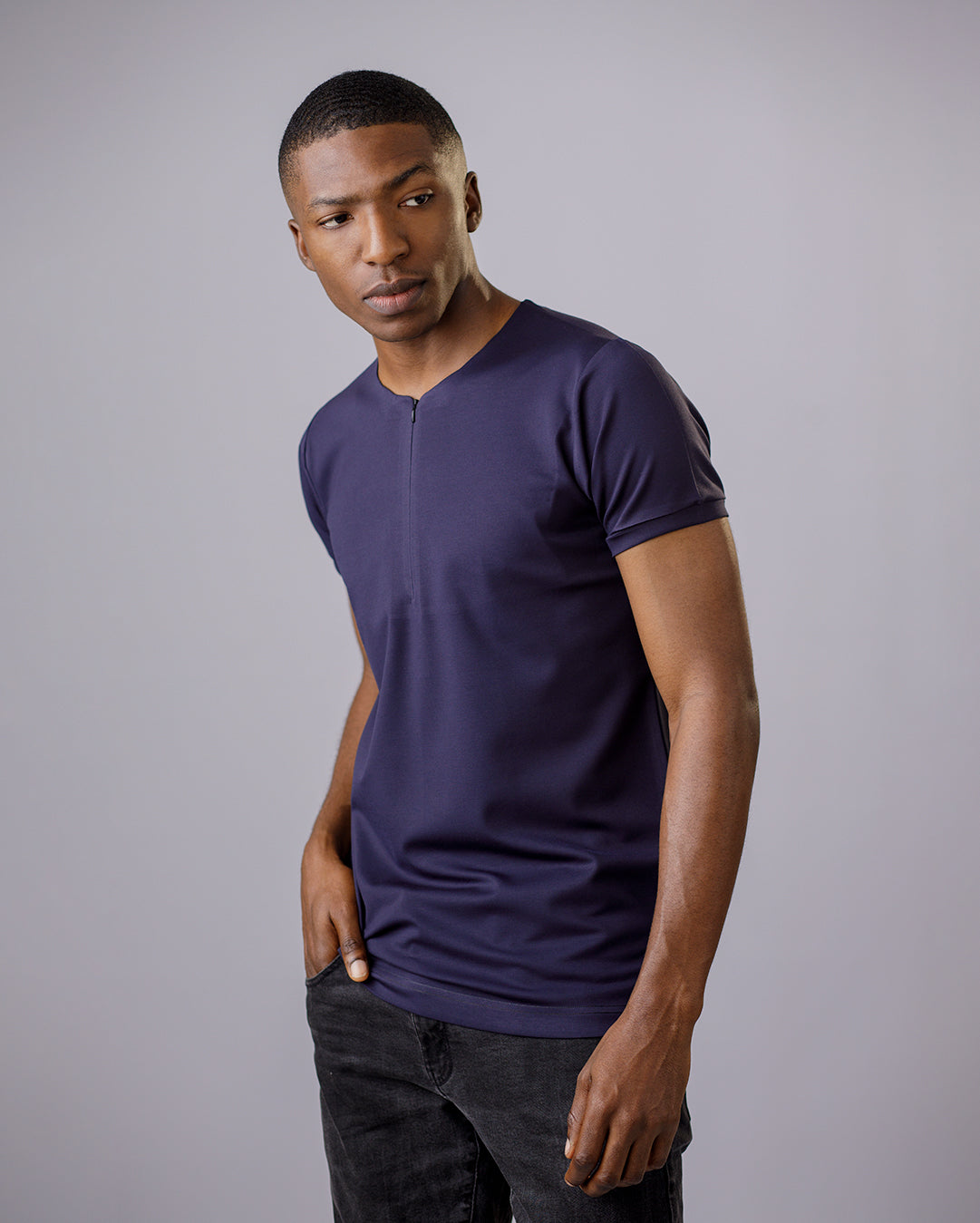 Curban Collarless Men's Zip-Detail Polo Shirt | Navy Blue