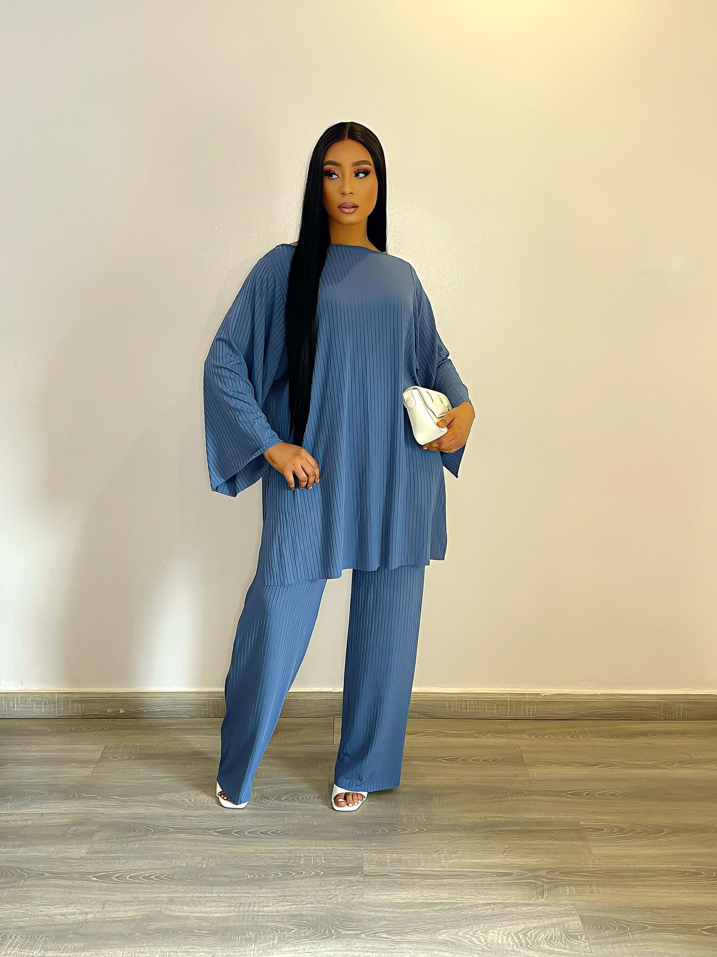 CURBAN Boat-Neck Facade-Pleat Co-Ord | Blue