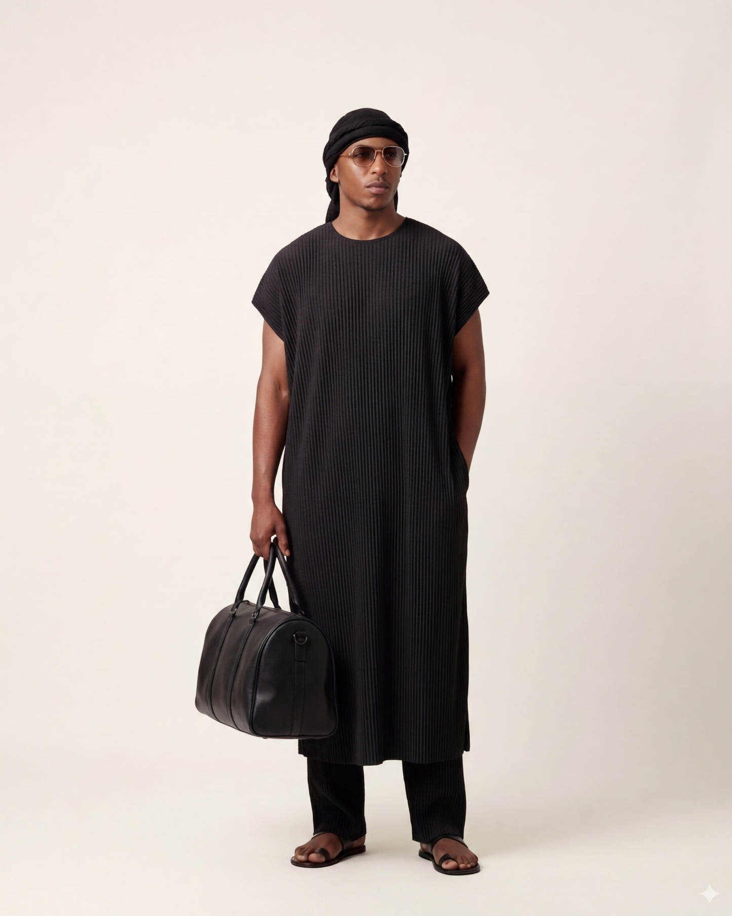 Curban black pleat capsleeve long drape Menswear set