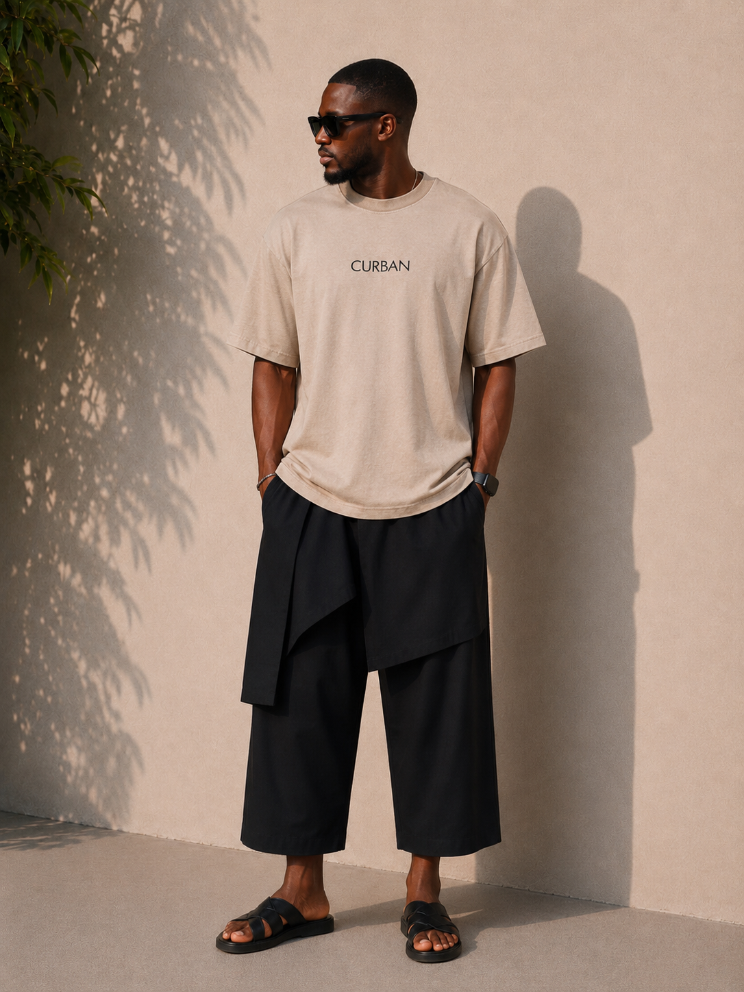 CURBAN abstract graffiti oversized men’s T-Shirt | Beige