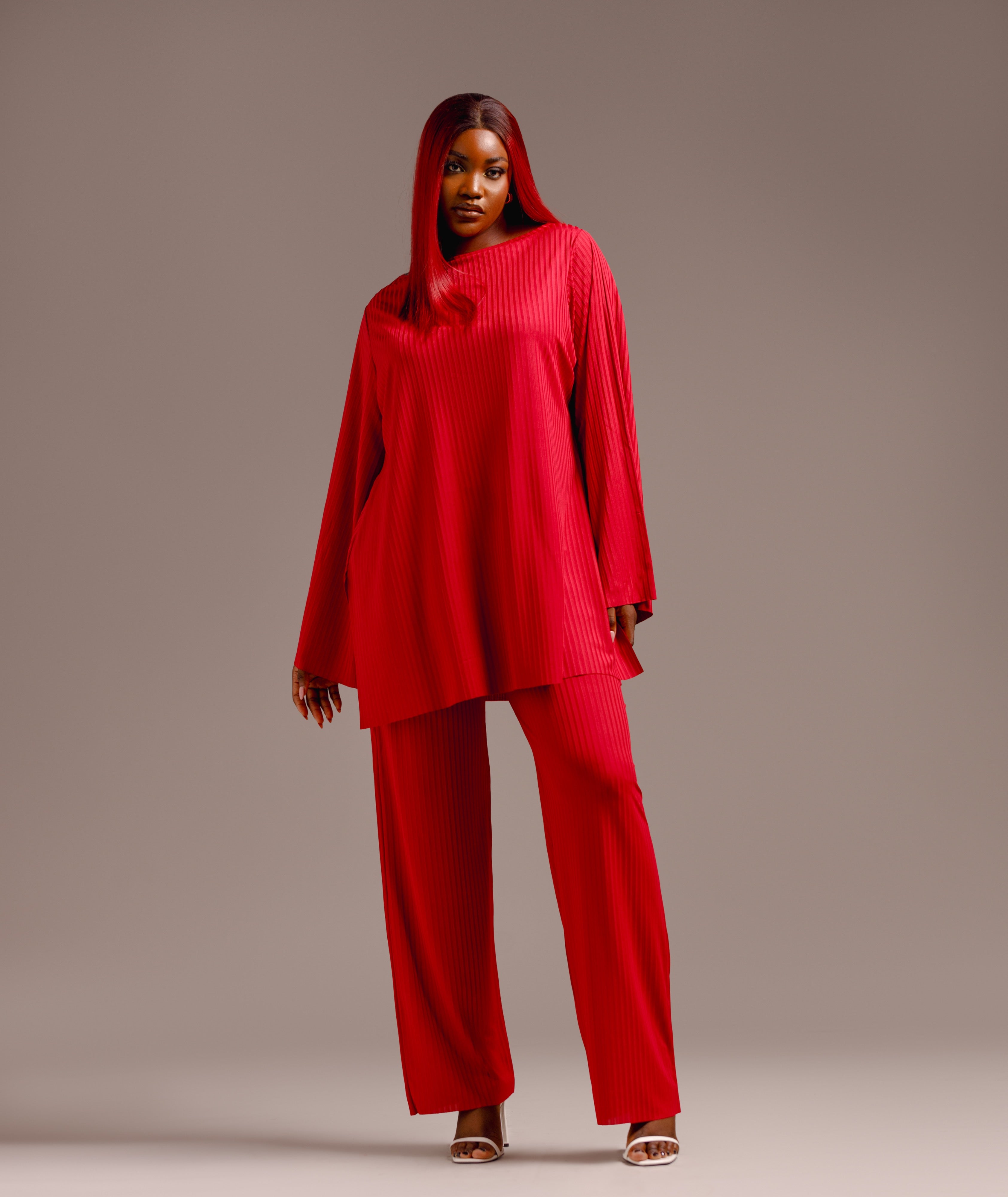 CURBAN Boat-Neck Facade-Pleat Co-Ord | wine – Curban Place