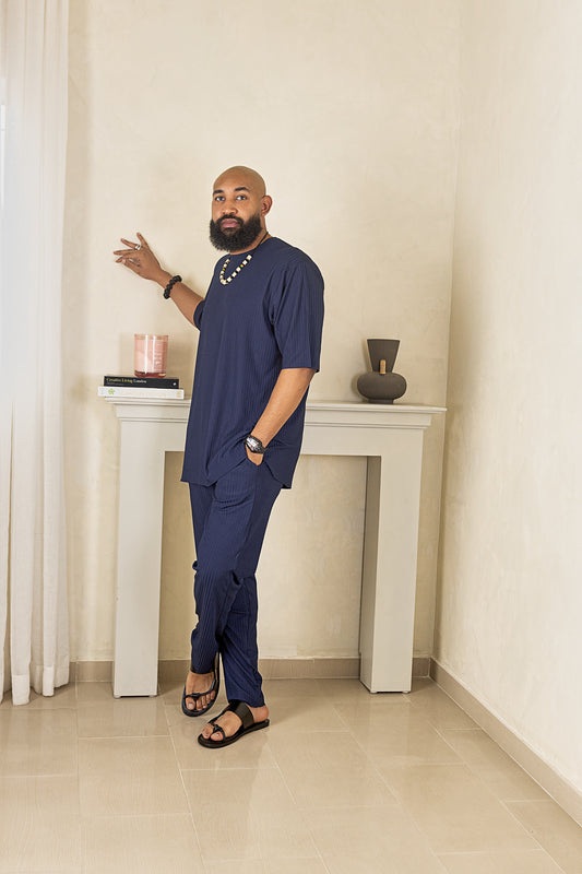 Curban Bleu Marine Façade-Pleat Palazzo Loosefit Deux Pièces Pour Hommes