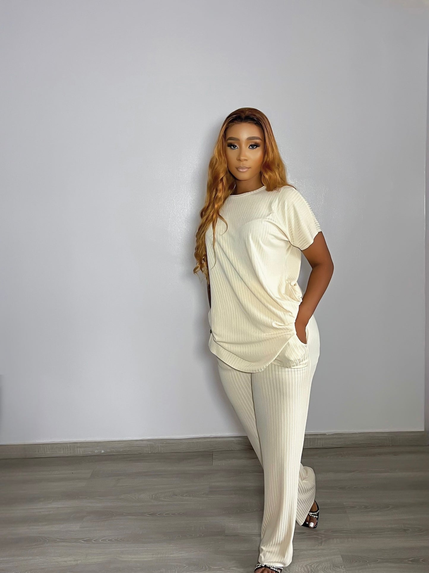 CURBAN Pantalon Palazzo à manches capes (ensemble) | Crème