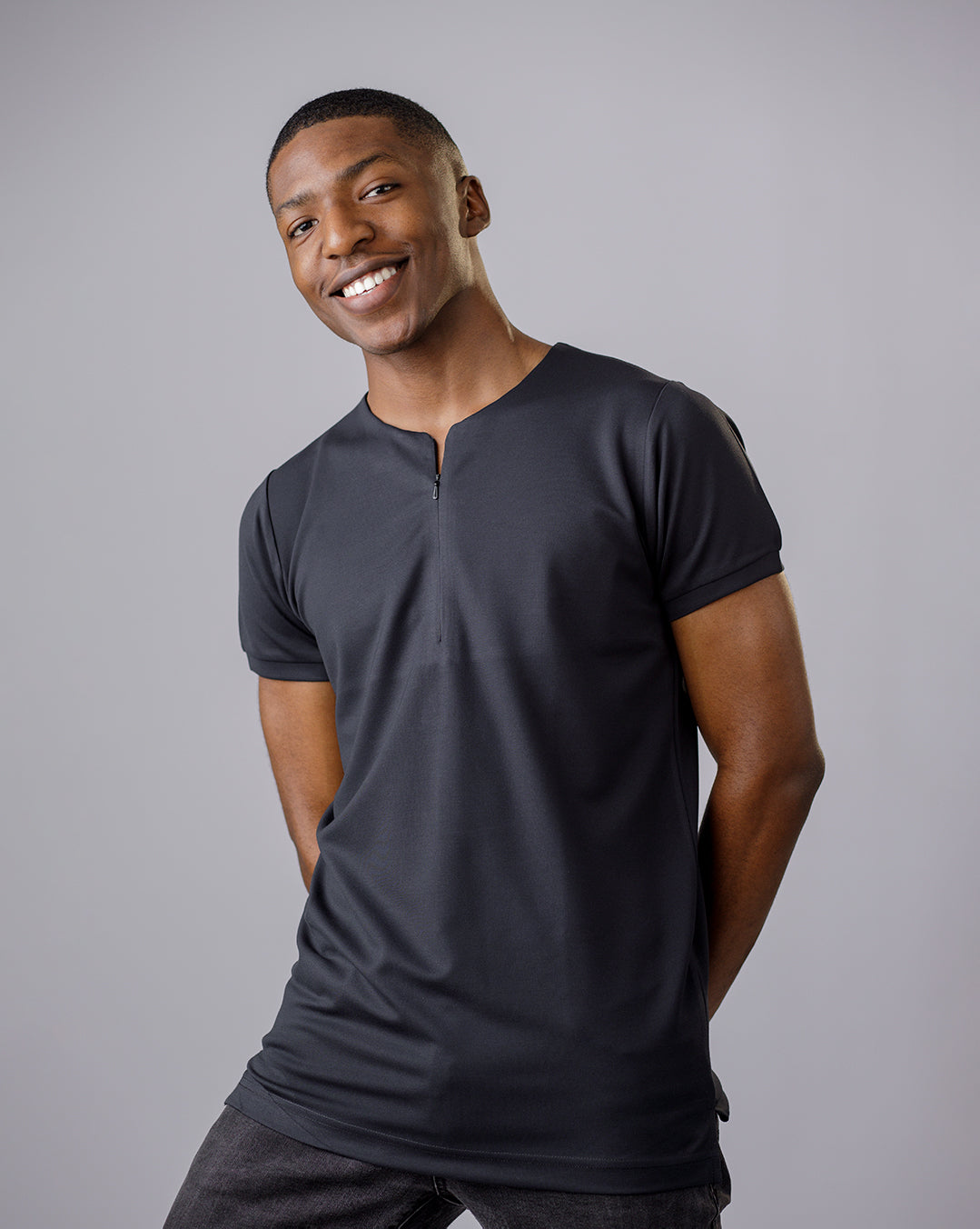 Curban Collarless Men's Zip-Detail Polo Shirt  | Black