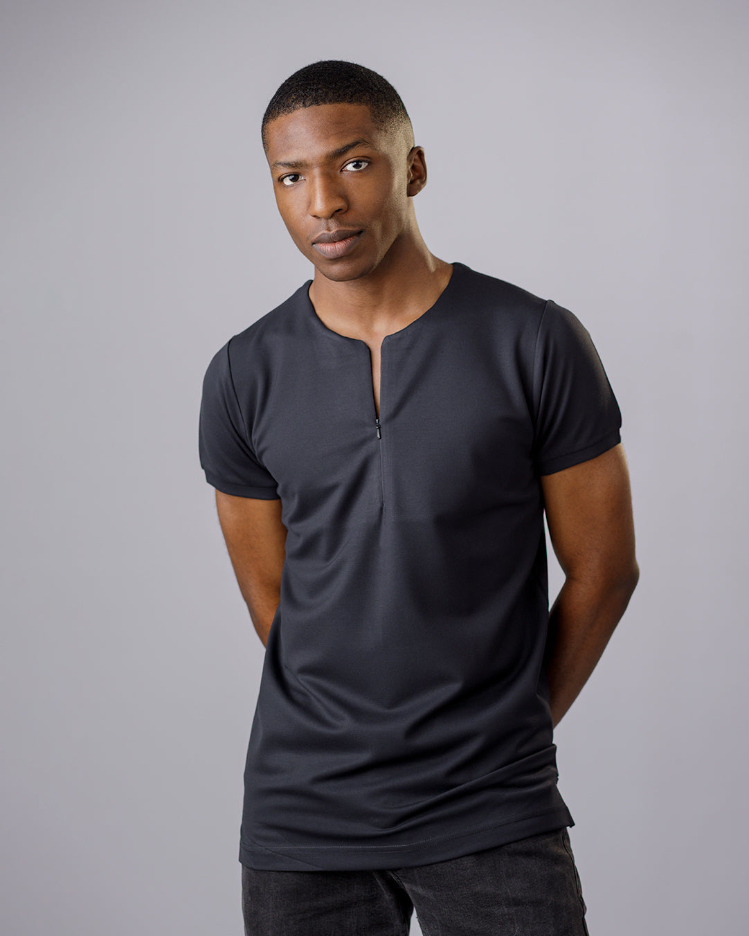 Curban Collarless Men's Zip-Detail Polo Shirt  | Black