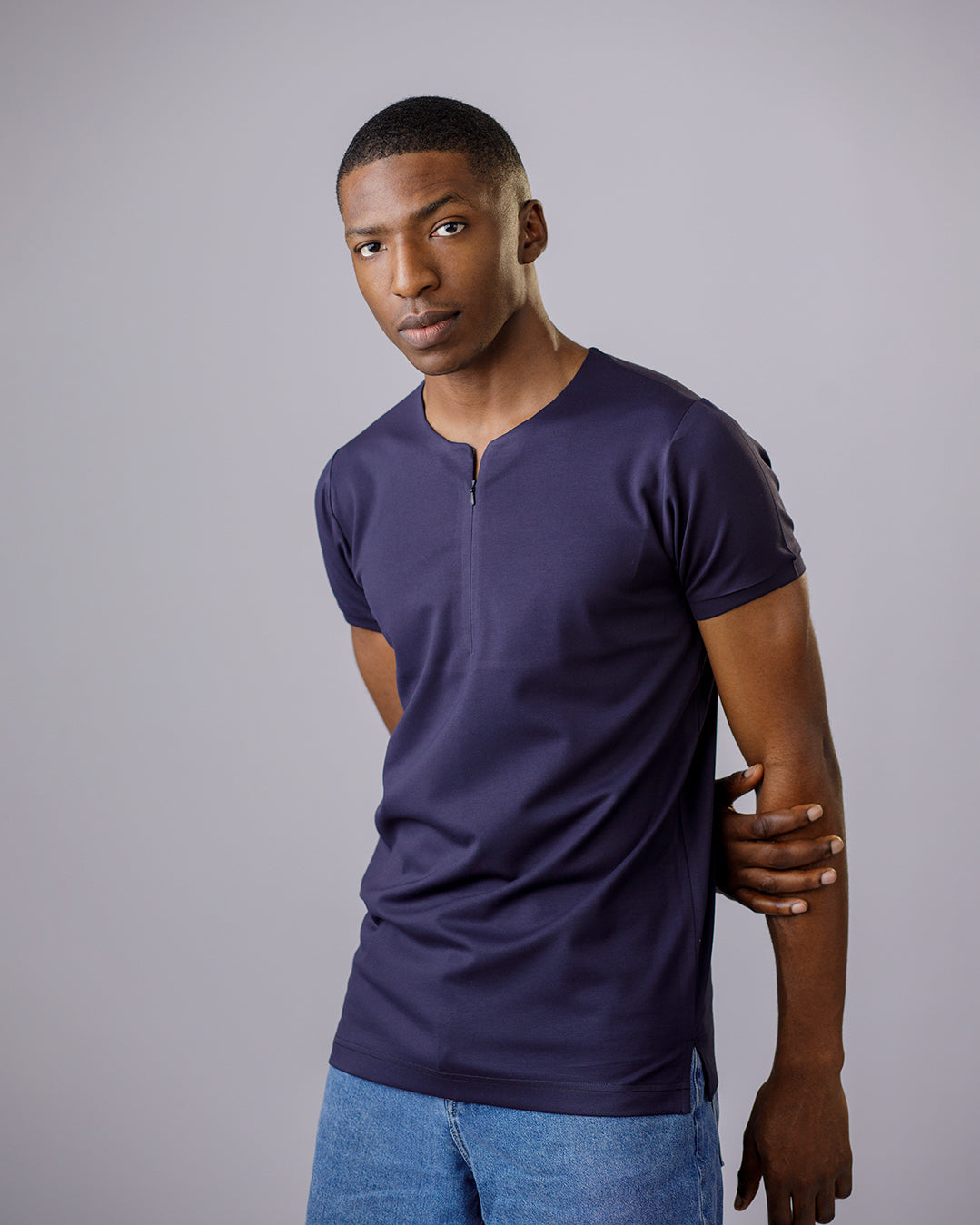 Polo à fermeture éclair sans col Curban pour hommes | Bleu marine