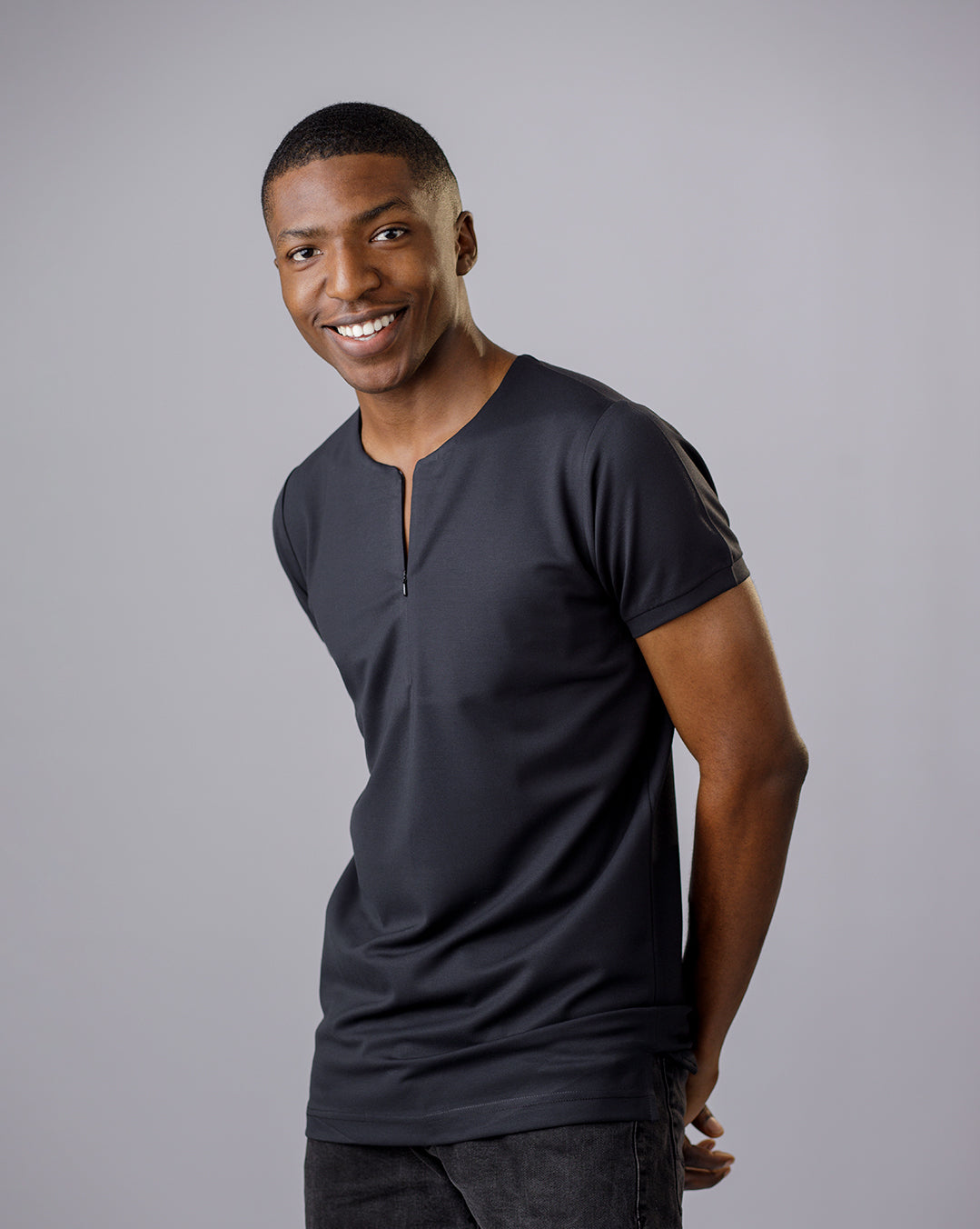 Curban Collarless Men's Zip-Detail Polo Shirt  | Black