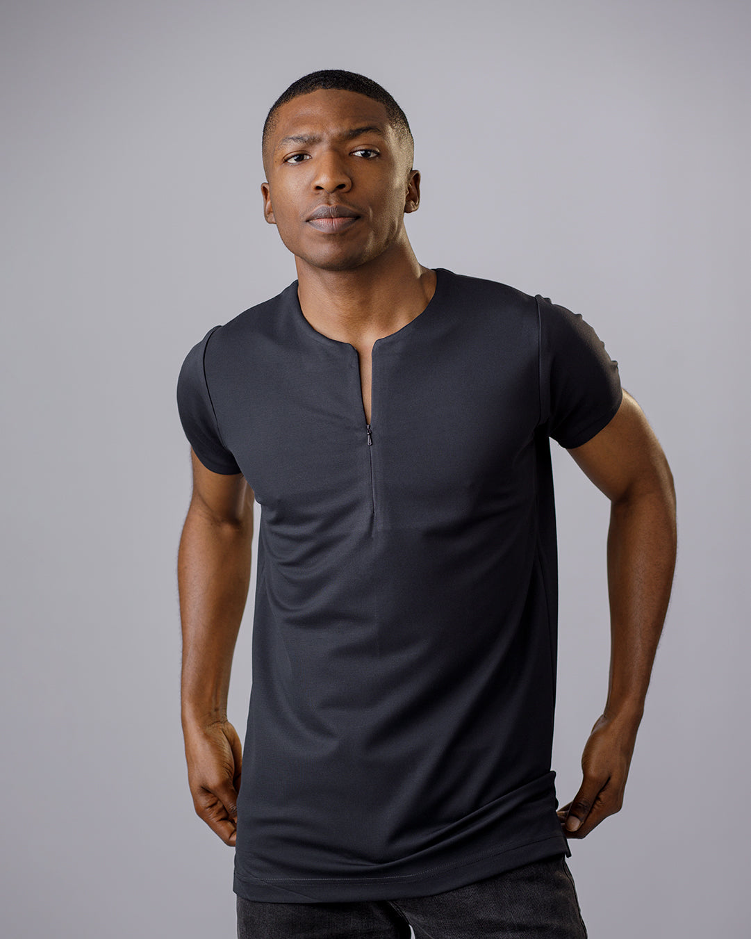 Curban Collarless Men's Zip-Detail Polo Shirt  | Black